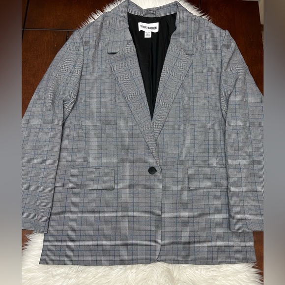 Steve Madden Size XL One Button Plaid Blazer Houndstooth Black White Blue - Picture 3 of 14